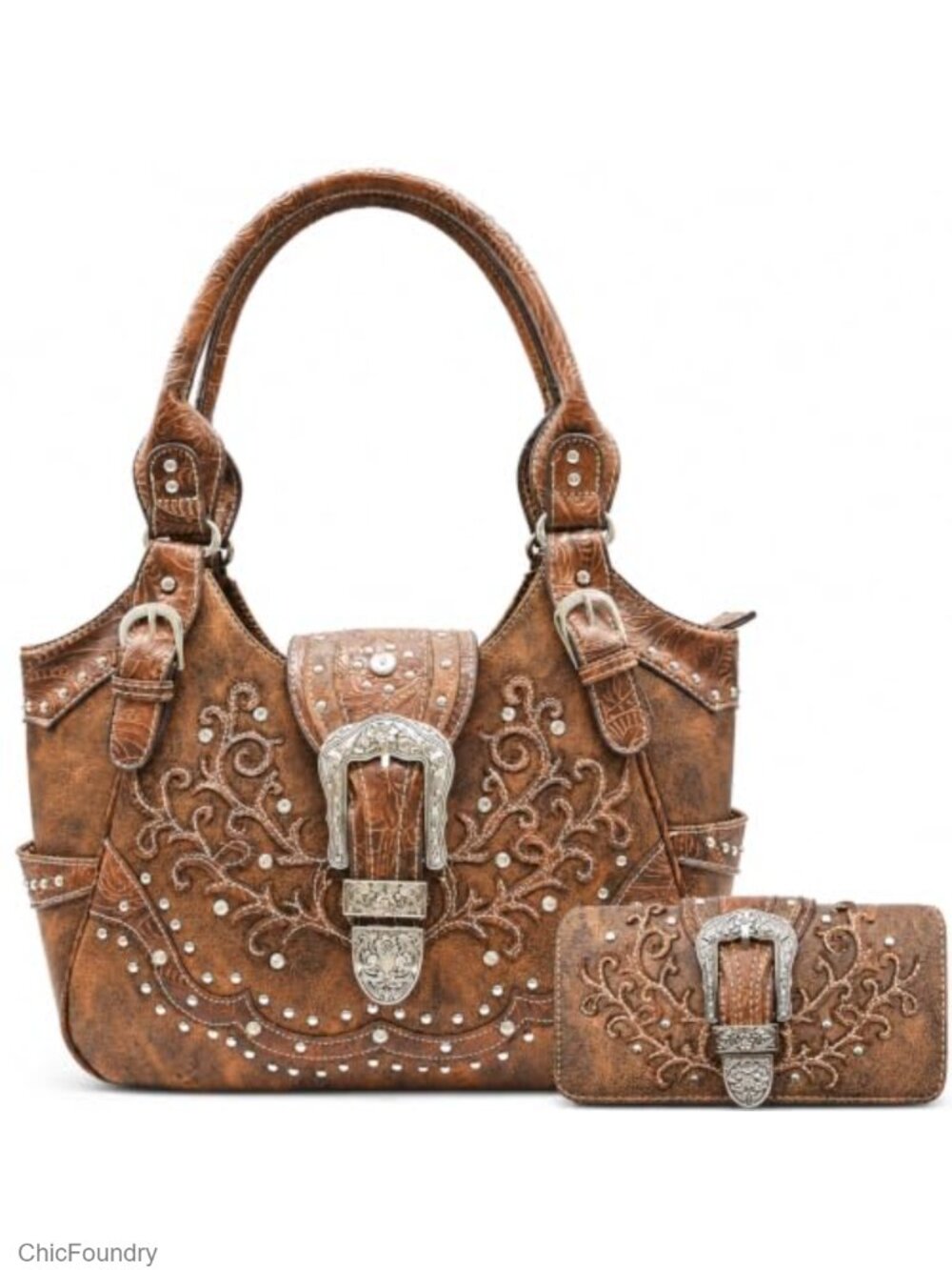 Western Buckle Purse and Wallet Set PU Leather Concealed Carry Shoulder Bag